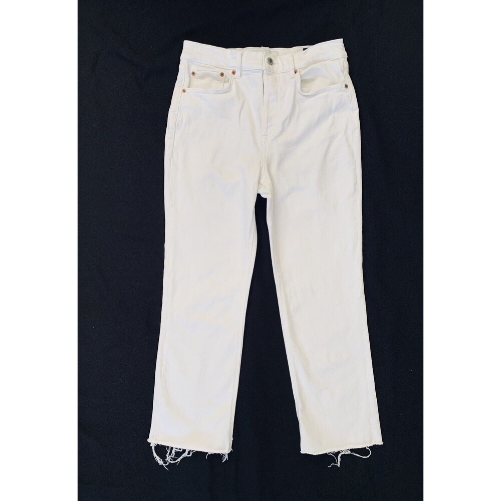 Zara The Dreed Flare High Rise Jeans Size 6 White Denim Button Fly Ankle Raw Hem